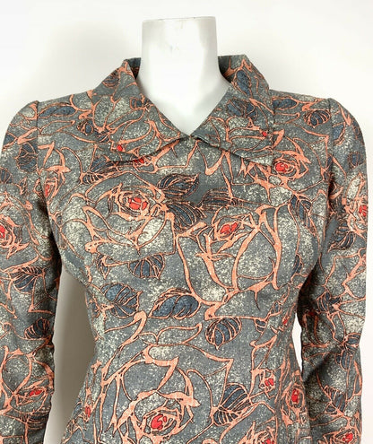 VINTAGE 60s 70s BLUE GREY ORANGE RED LEAF FLORAL ROSE SHIRT DRESS 10 12