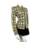 VTG 70s CREAM BLACK GOLD LUREX GEOMETRIC MOD ZIP-UP DAGGER SHIRT BLOUSE 14 16