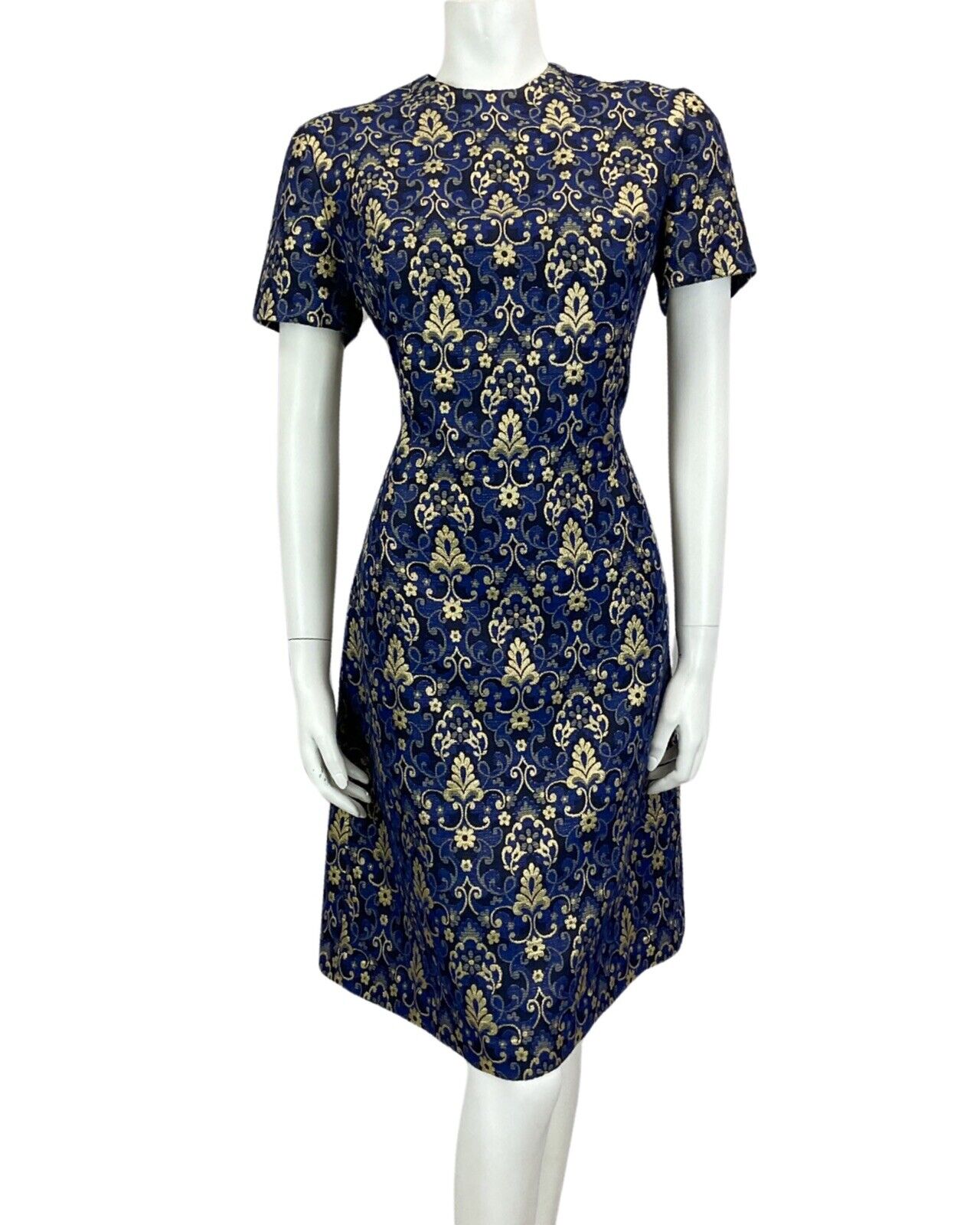 VINTAGE 60s 70s BLUE NAVY GOLD FLORAL MOD MINI PARTY CHRISTMAS EVENING DRESS 14