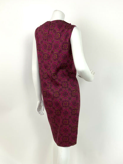 VTG 60s 70s PURPLE PINK BLACK GOLD ARABESQUE FLORAL WHITE LACE SHIFT DRESS 10