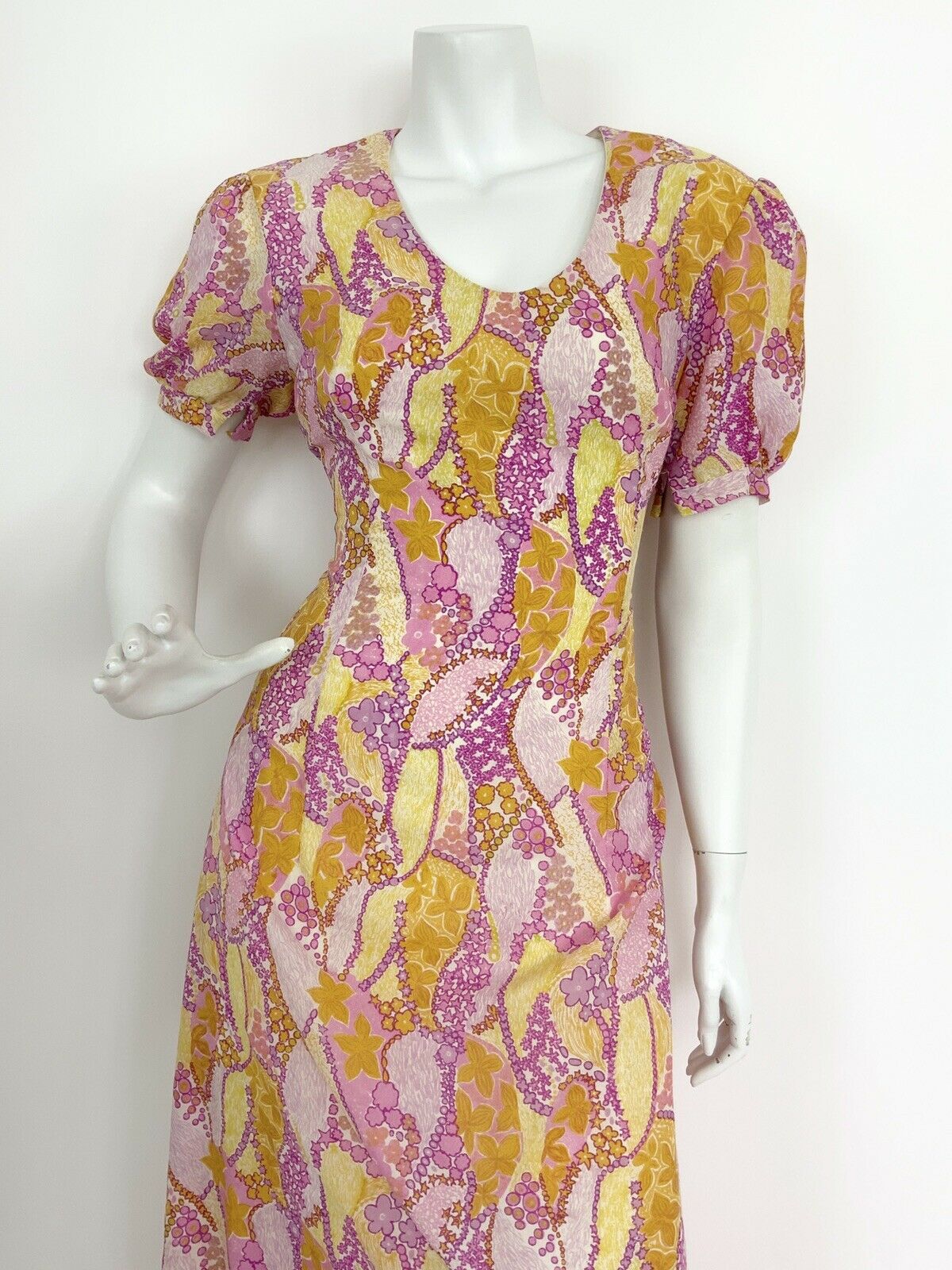 VTG PINK YELLOW PURPLE WHITE FLORAL STAR PSYCHEDELIC PUFF MAXI DRESS 10