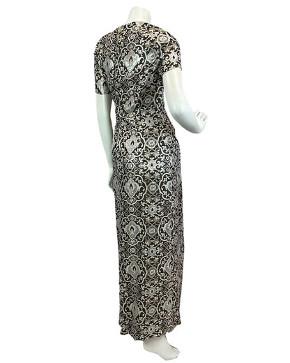 VTG 60s 70s SILVER METALLIC FLORAL PRINT DISCO PARTY EVENING MAXI DRESS 14 16