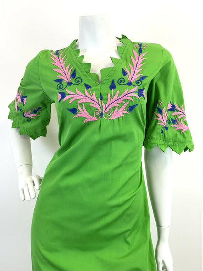 VINTAGE 60s 70s GREEN PINK BLUE FLORAL EMBROIDERED MOD PSYCHEDELIC MAXI DRESS 8