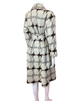 VINTAGE 60s 70s STYLE CREAM BROWN ABSTRACT DOGTOOTH BELTED MOD MIDI COAT 14 16