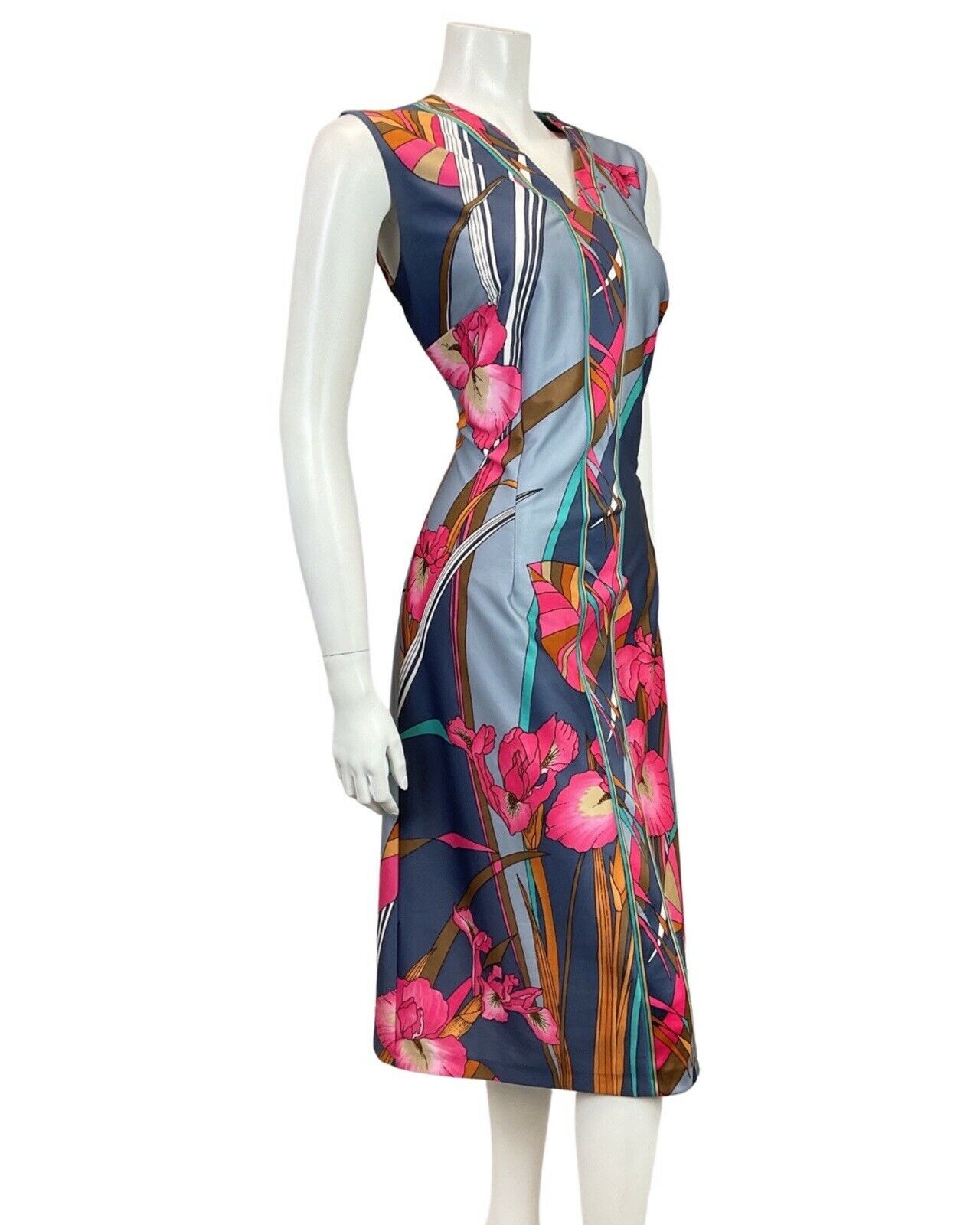 VINTAGE 60s 70s BLUE PINK BROWN FLORAL LEAFY SLEEVELESS MIDI DRESS 16