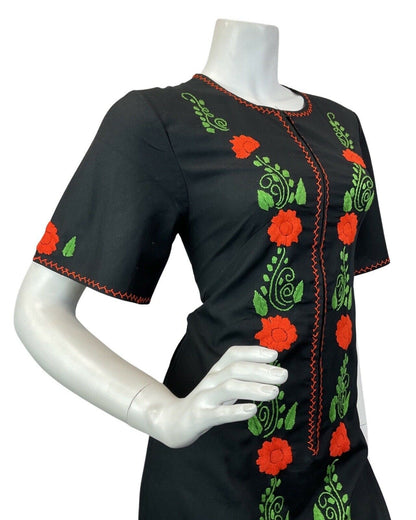 VINTAGE 60s 70s BLACK ORANGE GREEN FLORAL EMBROIDERED BOHO FOLK MAXI DRESS 10