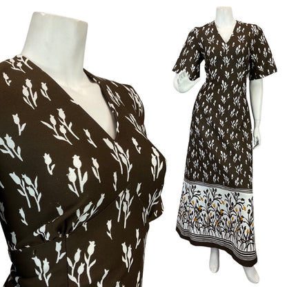 VINTAGE 60s 70s BROWN WHITE TULIP FLORAL BOHO MOD MAXI DRESS 10 12