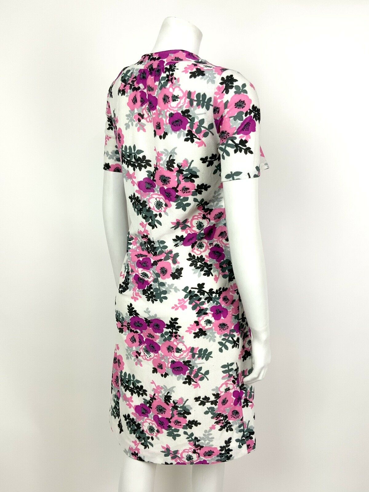 VINTAGE 60s 70s WHITE PINK PURPLE GREY BLACK FLORAL ROSE SHIFT DRESS 14 16