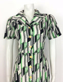 VINTAGE 70s SHIRT DRESS ABSTRACT GEOMETRIC GREEN BLACK WHITE 12 14