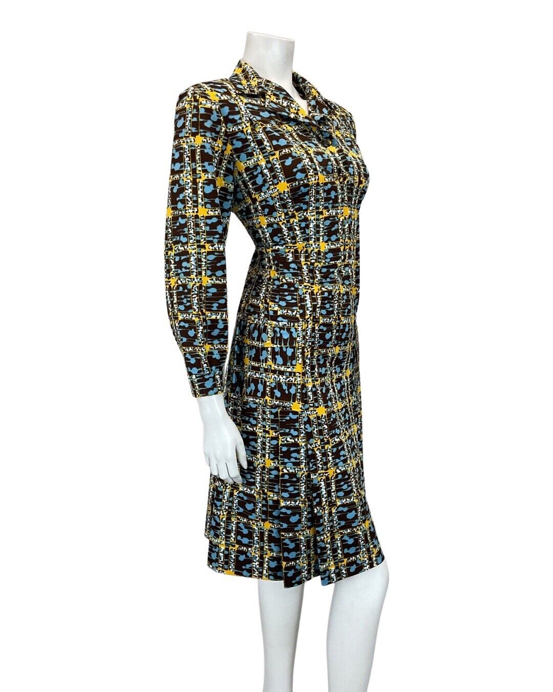 VINTAGE 60s 70s BROWN BLUE YELLOW GEOMETRIC CHECKED MOD SHIRT DRESS 14 16