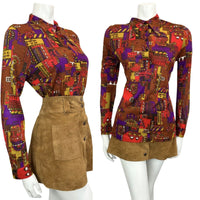 VINTAGE 60s 70s BROWN RED PURPLE DAGGAR COLLAR PSYCHEDELIC BOHO SHIRT 12 14