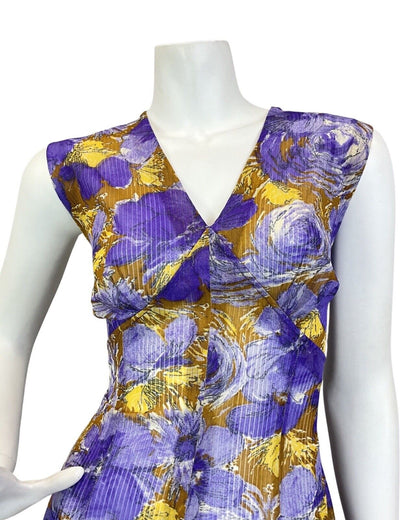 VINTAGE 60s 70s PURPLE YELLOW BROWN PSYCHEDELIC FLORAL SLEEVELESS MAXI DRESS 14