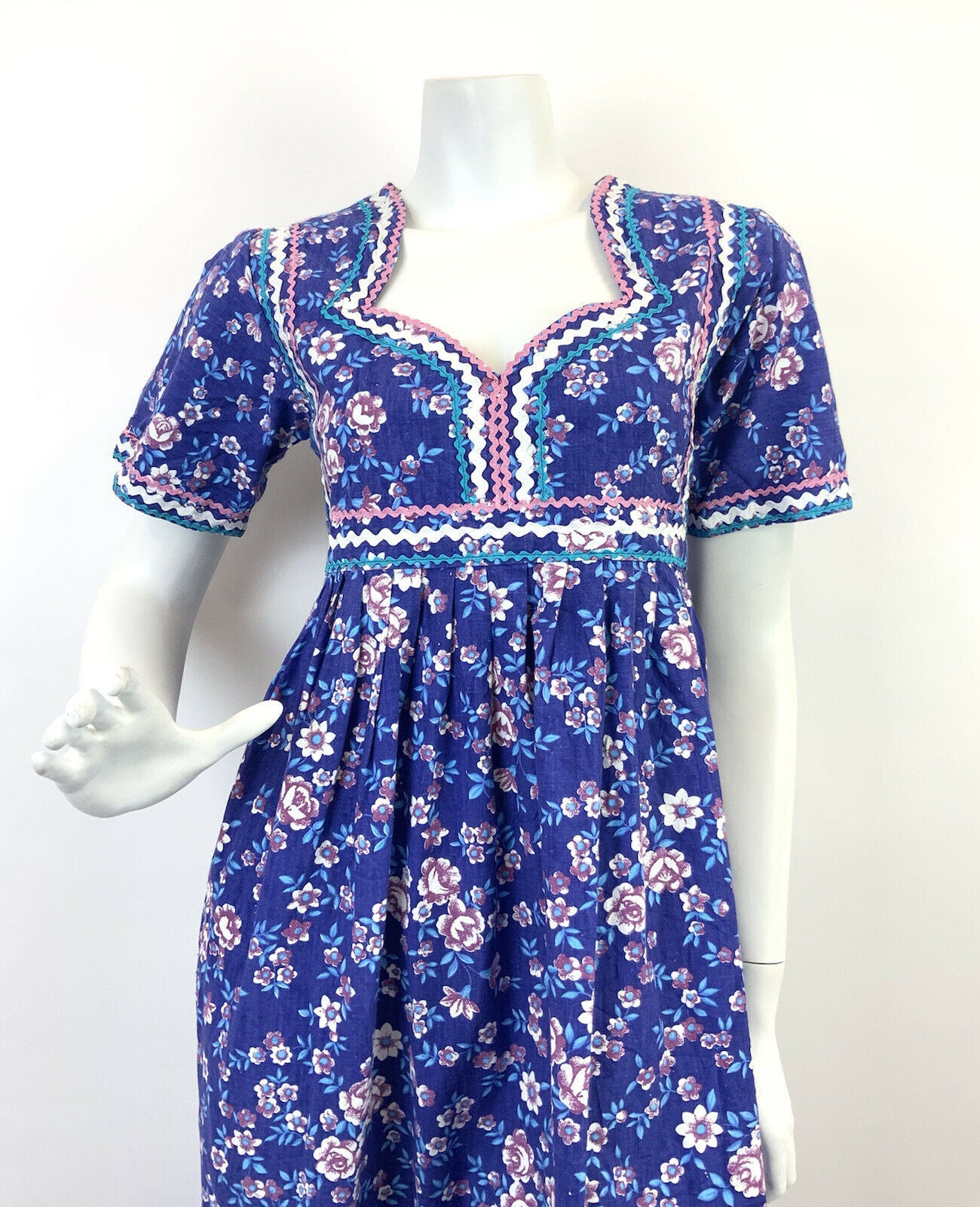 VTG 60s 70s PURPLE BLUE PINK WHITE RICRAC FLORAL PRAIRIE BOHO FOLK MAXI DRESS 10