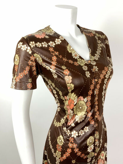 VTG 60s 70s BROWN PINK ORANGE PSYCHEDELIC FLORAL DAISY CHAIN MIDI DRESS 12 14