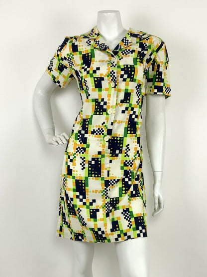 VINTAGE 60s 70s CREAM LIME GREEN BLUE ORANGE GEOMETRIC PIXEL SHIRT DRESS 10 12