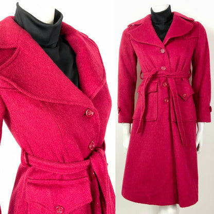 VINTAGE 60s 70s RED OVERSIZED COLLAR BELTED WOOL PRINCESS COAT 8 10