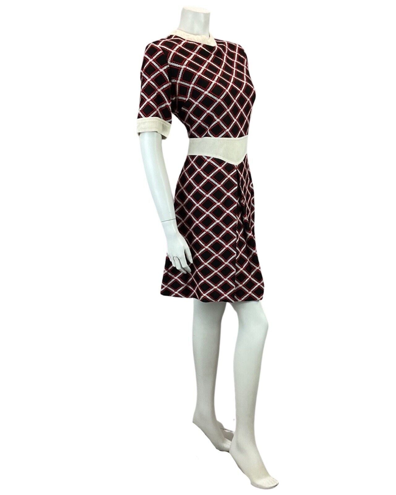 VINTAGE 60s 70s BLACK WHITE RED CHECKED WOOL MINI MOD BOHO DRESS 14