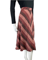 VINTAGE 60s 70s RED BROWN PINK STRIPED WOOL KNEE-LENGTH SWING SKIRT 8 10