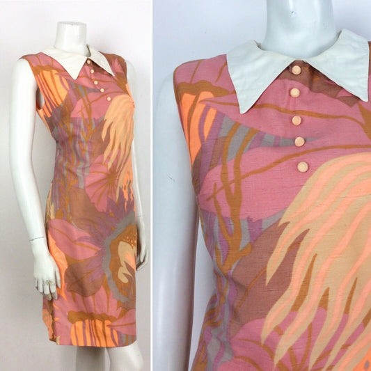 VINTAGE 60s 70s ABSTRACT FLORAL SHIFT DRESS ORANGE PURPLE PINK GOLD 12