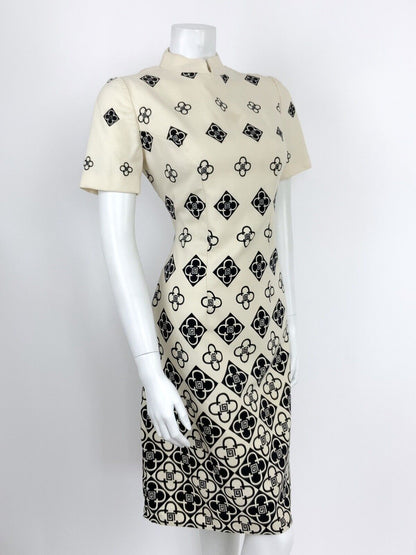 VINTAGE 60s 70s CREAM BLACK GEOMETRIC CHECKED FLORAL MANDARIN COLLAR DRESS 10 12