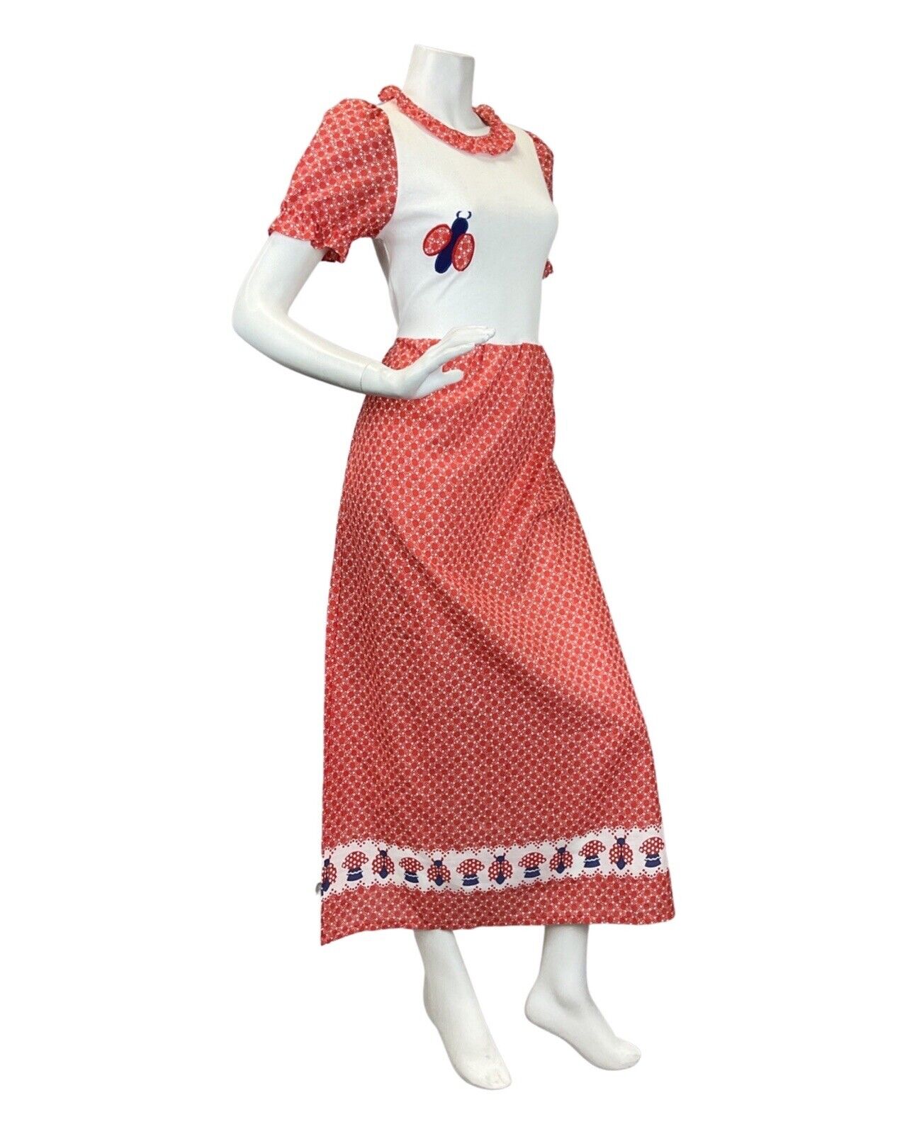 VTG 60s 70s RED WHITE BLLUE DOTTY LADYBIRD MUSHROOM MOD PRAIRIE MAXI DRESS 8 10