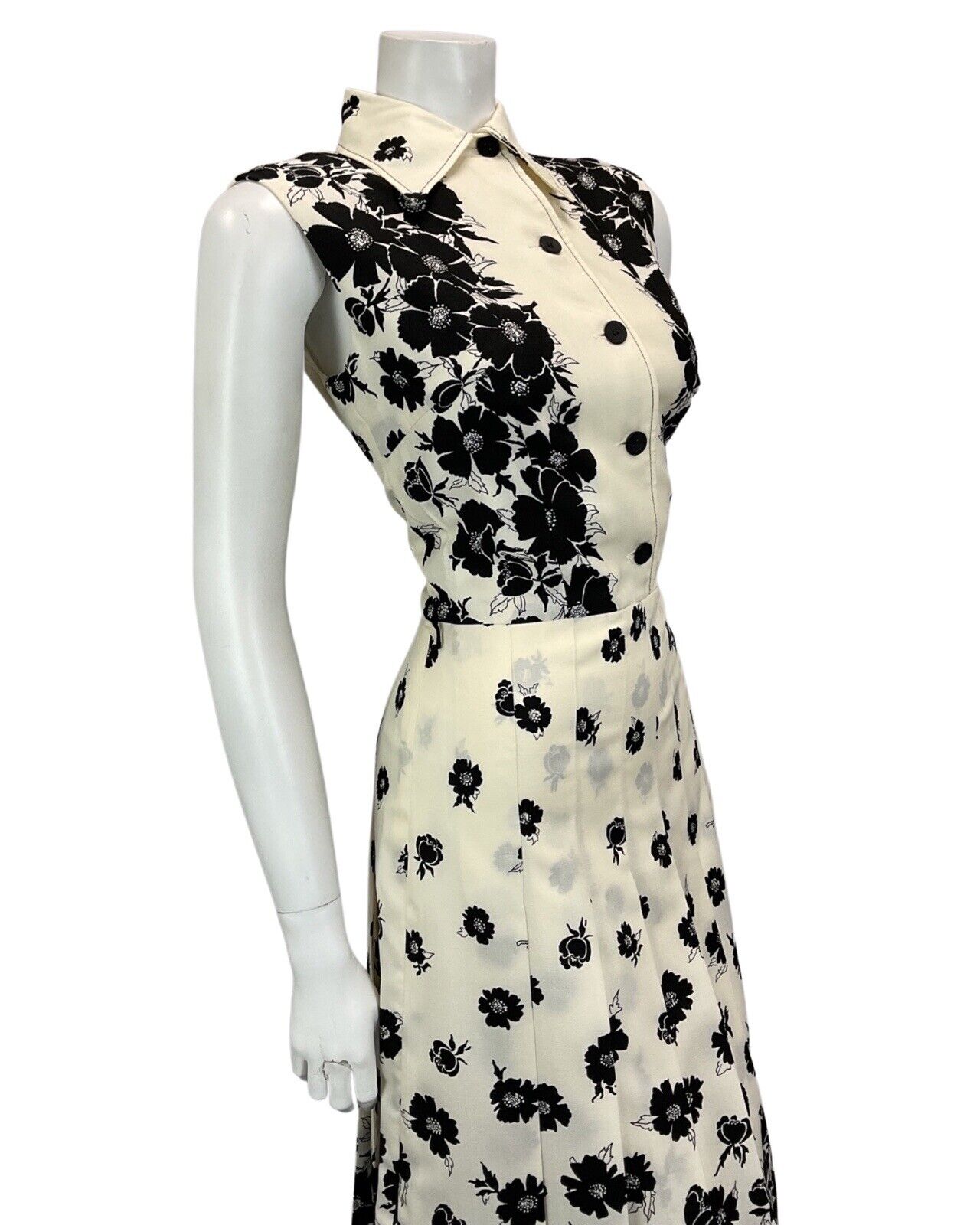 VTG 60S 70S OFF WHITE BLACK FLORAL PATTERNED BOHO MOD PLEATED MIDI DRESS 12 14