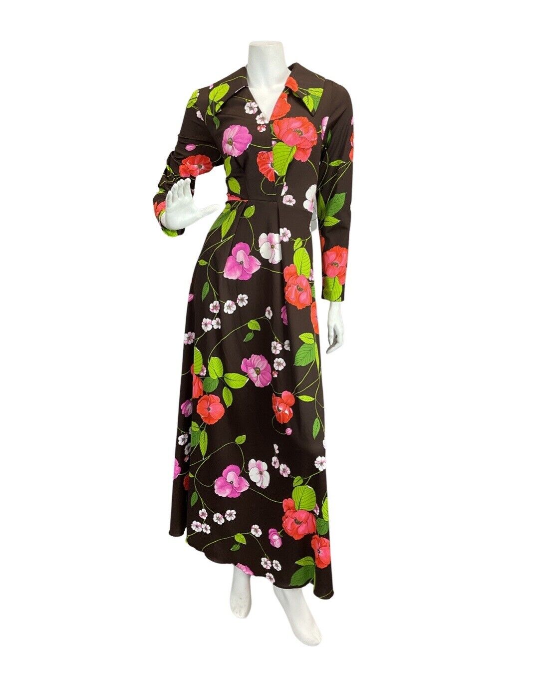 VINTAGE 60s 70s BROWN PINK GREEN FLORAL DAGGER COLLAR SHIRT MAXI DRESS 10