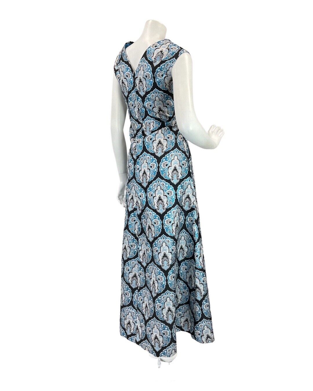 VINTAGE 60s 70s BLUE BLAXK SILVER BROCADE MANDALA STUDIO 54 GLAM MAXI DRESS 8