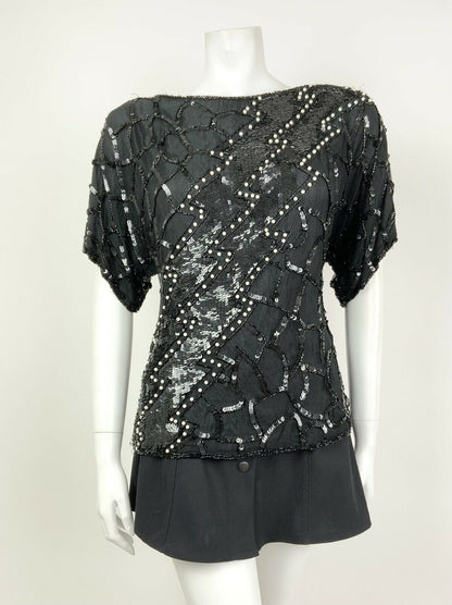 VINTAGE 70s 80s BLACK WHITE SEQUIN BEADED PEARL DISCO PARTY BLOUSE TOP 12 14 16