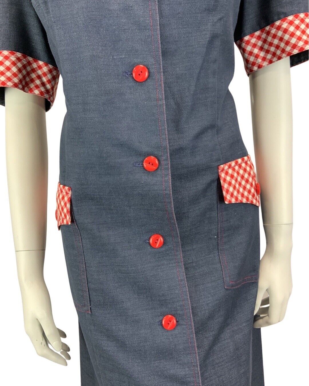 VINTAGE 60s 70s BLUE DENIM RED GINGHAM BUTTON DOWN MIDI SHIRT DRESS 14