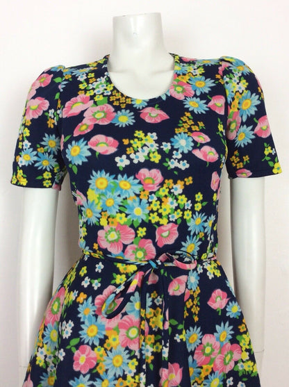 VINTAGE 60s 70s FLORAL A-LINE DRESS BLUE PINK YELLOW WHITE DITSY 8 10