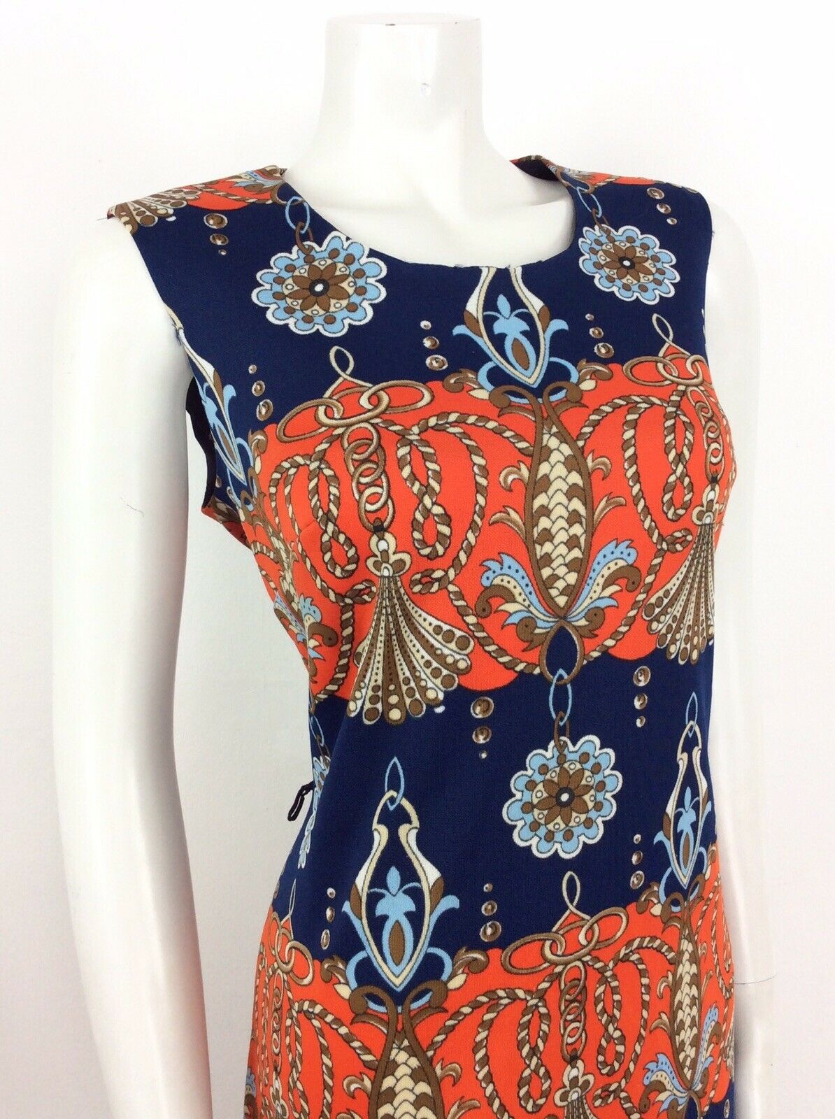 VTG 60s 70s FLORAL ROPE NAUTICAL NAVY BLUE ORANGE RED BROWN SHIFT DRESS 14 16