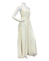 VINTAGE 70s WHITE GOLD SHEER SPAGHETTI STRAP EVENING GOWN MAXI DRESS 8