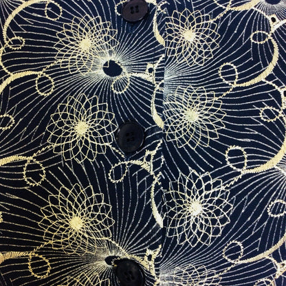 VINTAGE 1960S NAVY BLUE WHITE EMBROIDERED FLORAL SPIROGRAPH DRESS 10 12