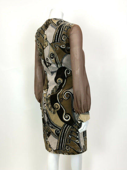 VINTAGE 60s 70s BROWN CREAM BLACK GEOMETRIC AZTEC VELVET PARTY MOD DRESS 14 16