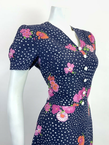 VINTAGE 60s NAVY BLUE WHITE PINK POLKA-DOT FLORAL RUFFLED MIDI DRESS 12