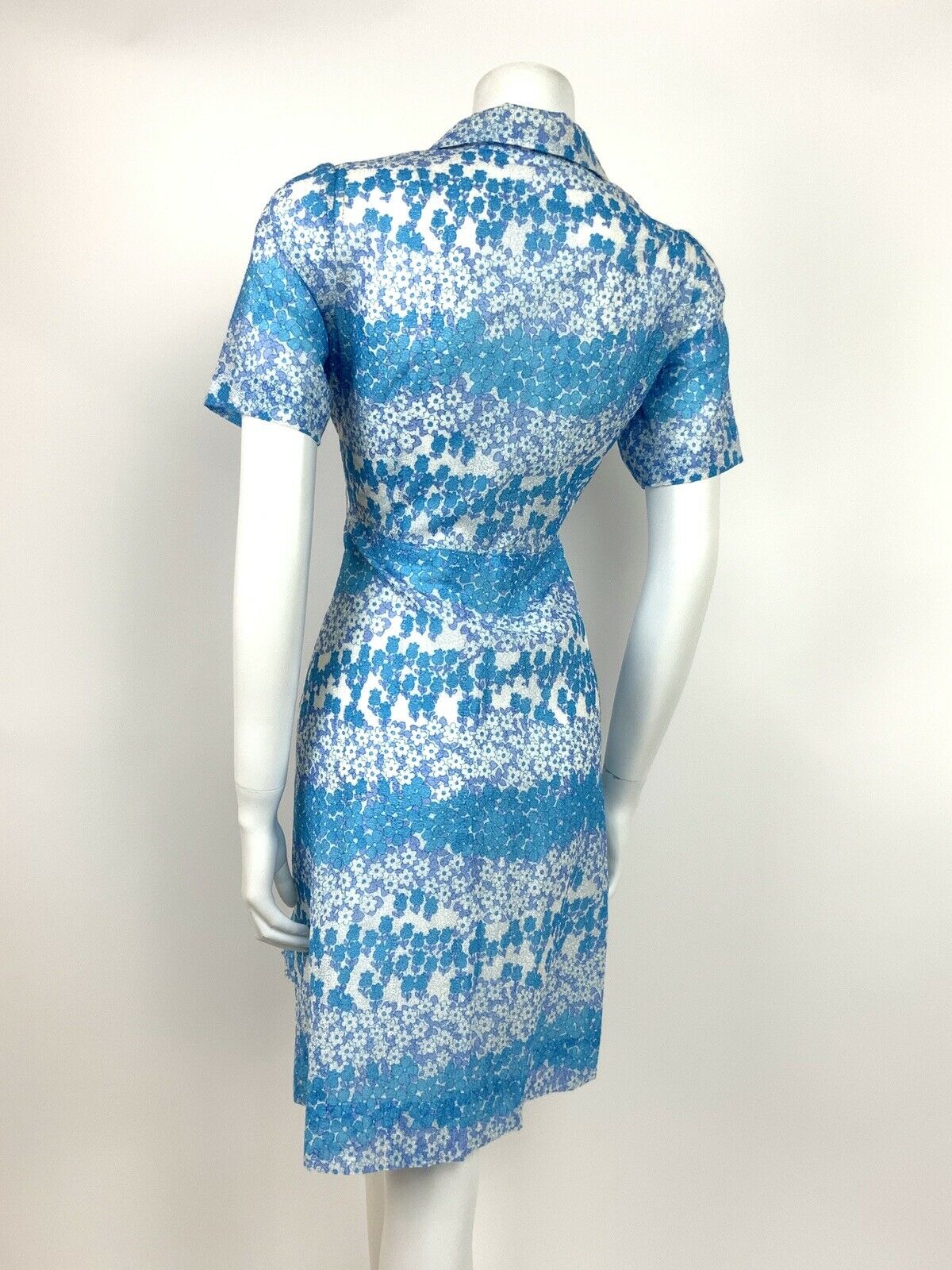 VTG 60s 70s BLUE WHITE DAISY FLORAL LACE BRODERIE SHIRT DRESS SUMMER 10 12