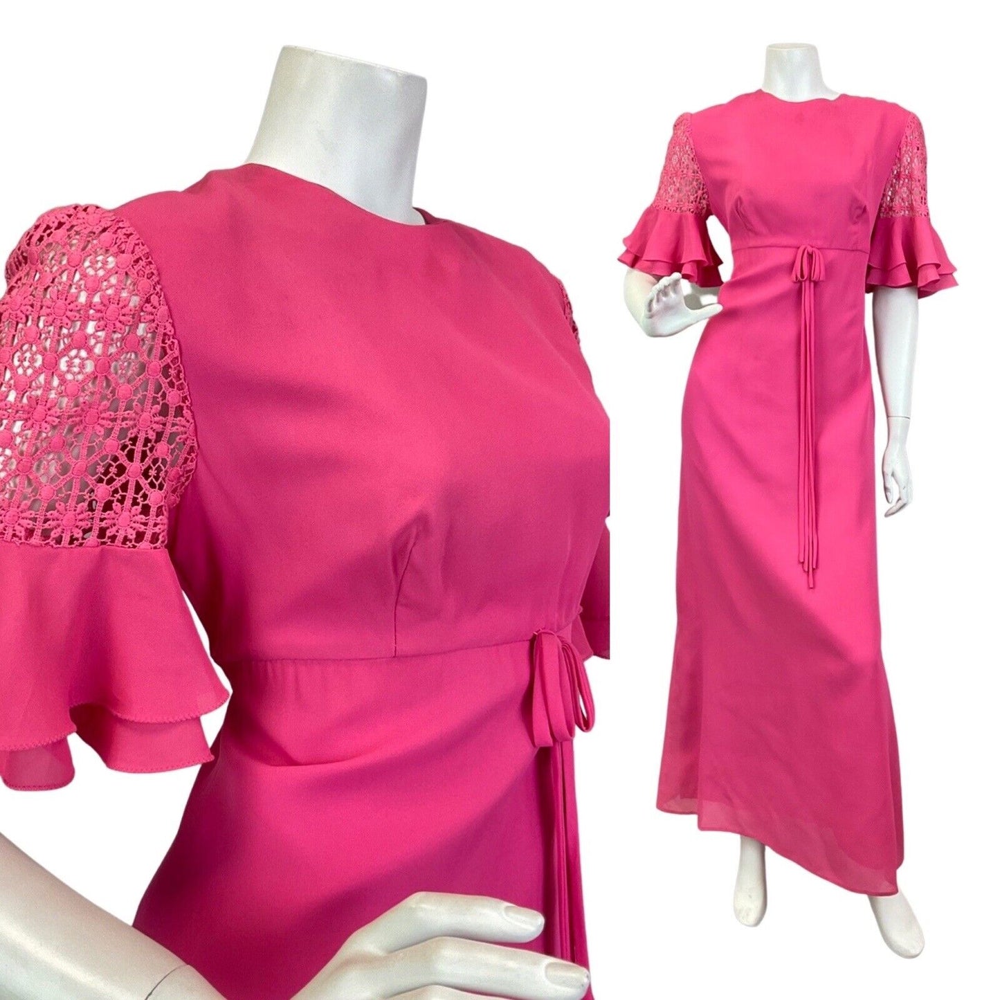 VINTAGE 60s 70s BRIGHT PINK FLORAL LACE FLOUNCE SLEEVE MOD SUMMER MAXI DRESS 12