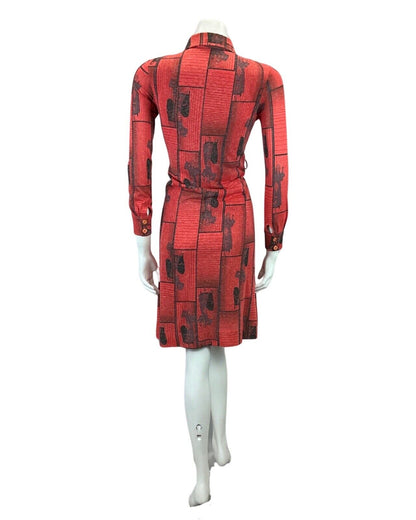 VINTAGE 60s 70s RED BLACK ART DECO PRINT DAGGAR COLLAR MOD MIDI DRESS 10 12