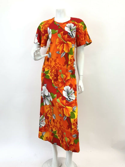 VTG 60s 70s ORANGE RED YELLOW HAWAIIAN FLORAL HIBISCUS SHIFT MAXI DRESS 10 12