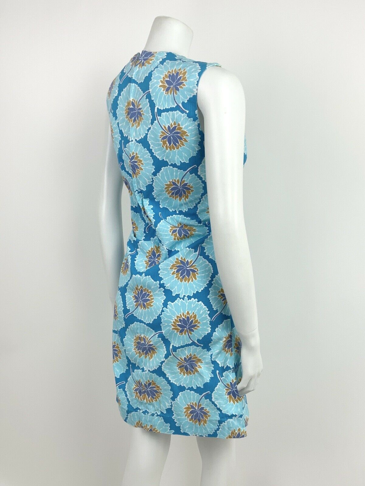 VINTAGE 60s 70s BLUE WHITE GOLD FLORAL SLEEVELESS A-LINE DRESS 8 10