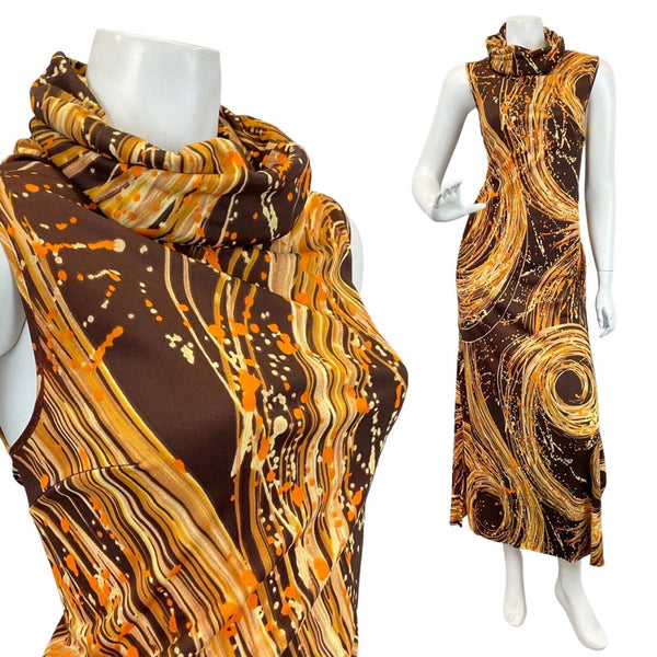 VINTAGE 60s 70s BROWN GOLD CREAM PSYCHEDELIC SWIRL COWL-NECK MAXI DRESS 8 10