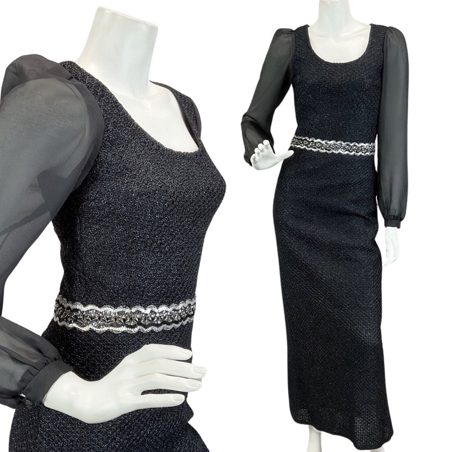 VINTAGE 60s 70s BLACK MIDNIGHT BLUE SPARKLY SEQUIN PARTY DISCO  MAXI DRESS 8