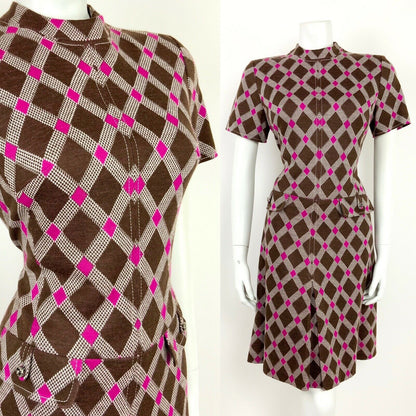 VTG 60s 70s MOD BROWN WHITE PINK DIAMOND CHECKERED GEOMETRIC DRESS 10 12