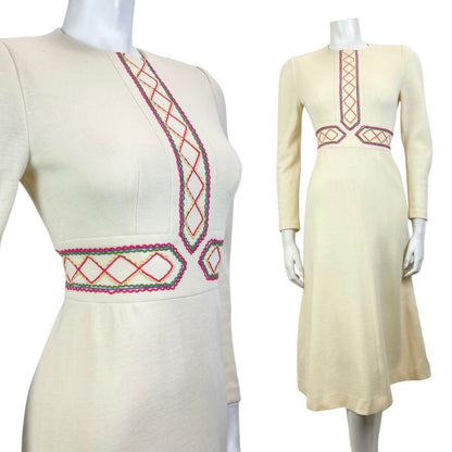 VINTAGE 60s 70s CREAM PINK PURPLE EMBROIDERED FOLK WOOL MIDI DRESS 6