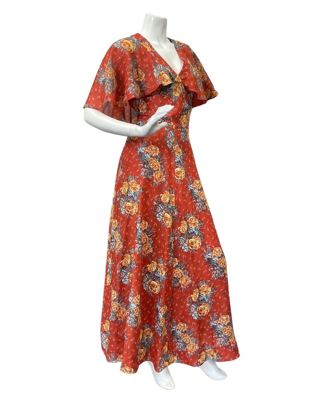 VINTAGE 60s 70s RED YELLOW BLUE FLORAL ROSE FLOWER CAPE SLEEVE BOHO MAXI DRESS 8