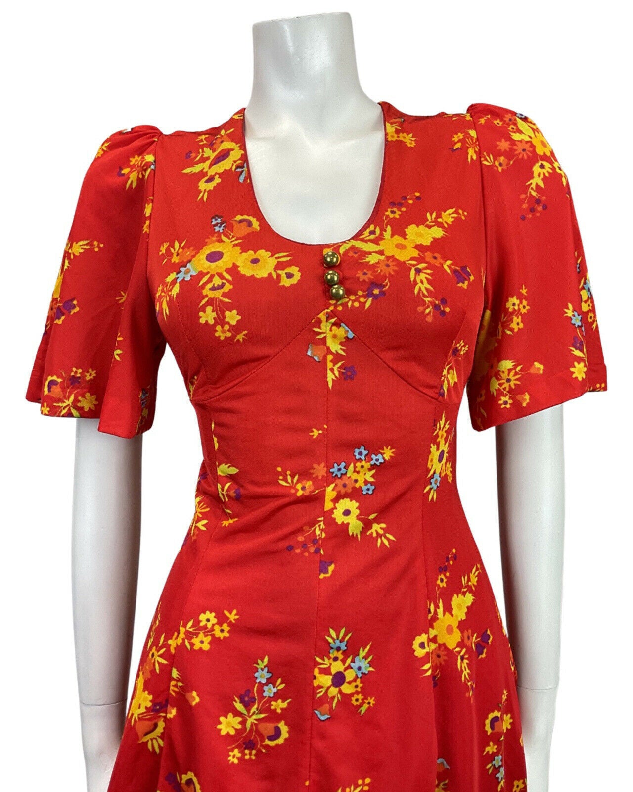 VINTAGE 60s 70s RED YELLOW BLUE FLORAL BELL SLEEVE MOD MINI SWING DRESS 8