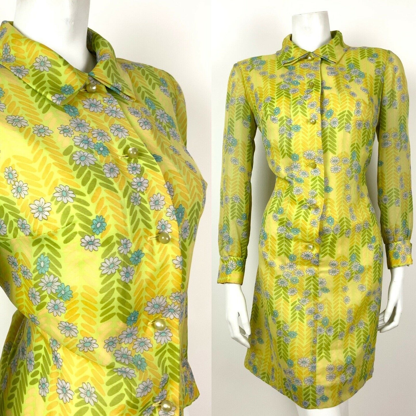 VINTAGE 60s 70s LIME GREEN LILAC BLUE HERRINGBONE FLORAL DAISY SHIRT DRESS 10 12