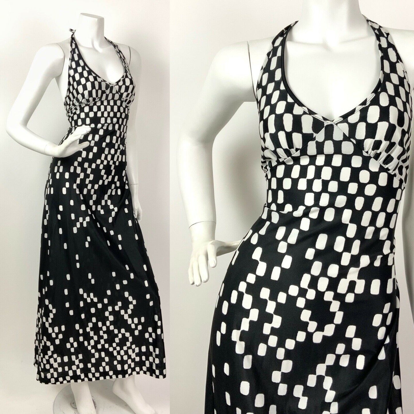 VINTAGE 60s 70s BLACK WHITE CHECKERBOARD GEOMETRIC STRAPPY MAXI DRESS 8 10