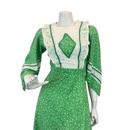 VINTAGE 60s 70s APPLE GREEN WHITE FLORAL DITSY LACE BOHO PRAIRIE MAXI DRESS 8 10